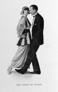 Photograph of Irene and Vernon Castle posed as instruction for dancing their version of the tango. From their 1914 book "Modern Dancing" published by The World Syndicate Co. by arrangement with Harper & Brothers.